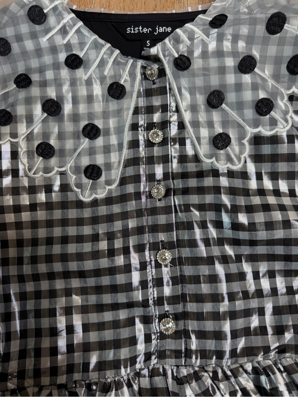 Sister Jane Black and White Gingham Dress with Rhinestone Button - Picture 2 of 5